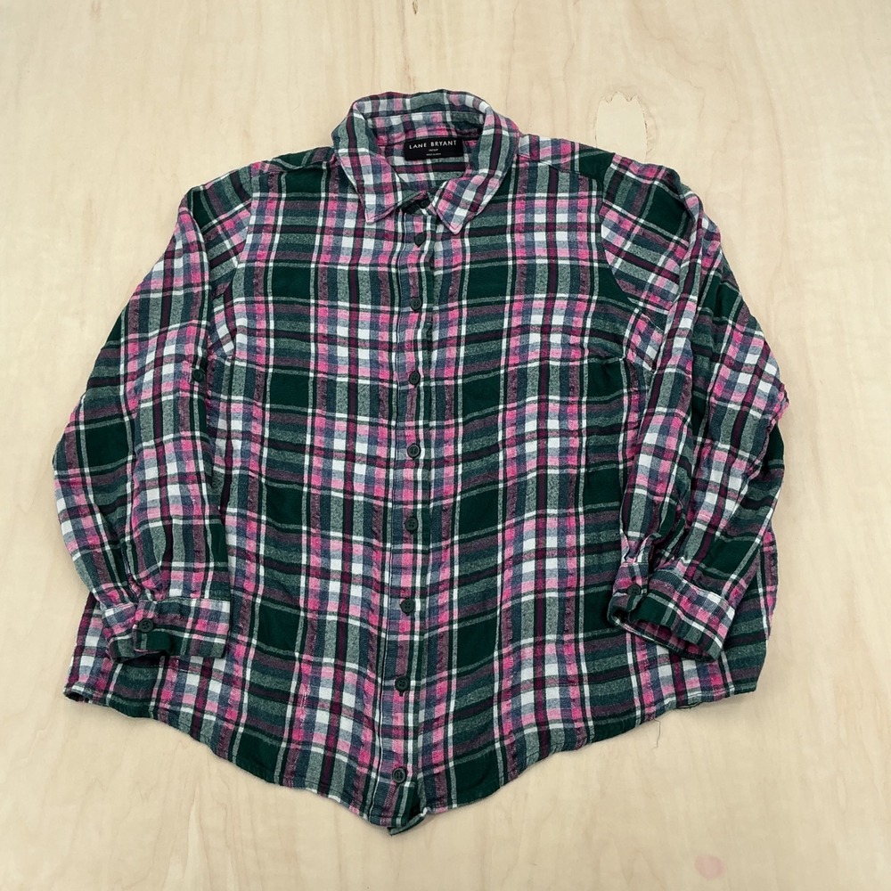 Vintage Lane Bryant Plaid Shirt Womens 14/16P Rayon Metallic Button Down Grunge
